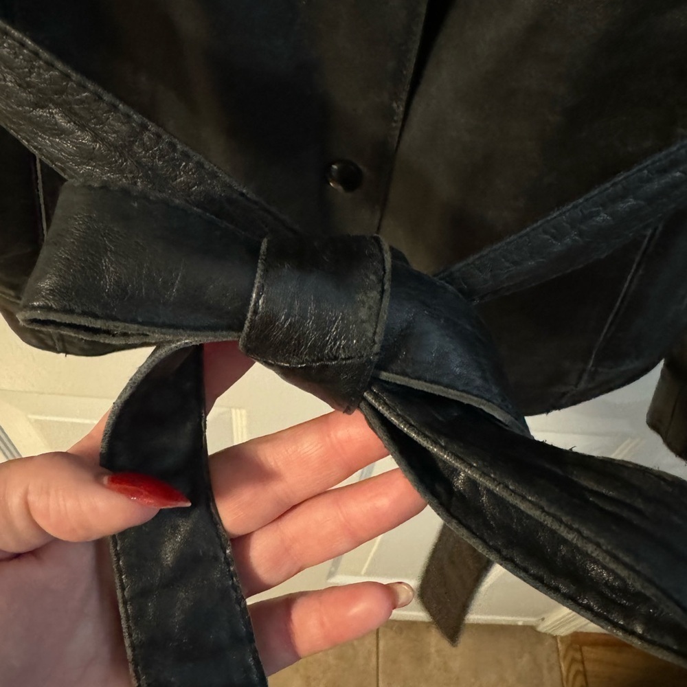 Wilsons Leather Vintage 90s Maxima Jacket Tie Belt Cinch Waist Button Up Collar - Picture 11 of 16